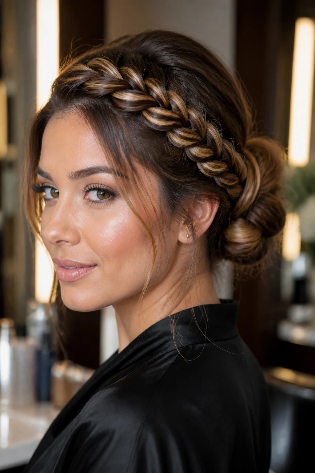 Close-up of a real woman wearing a rope-braid halo bun with caramel highlights