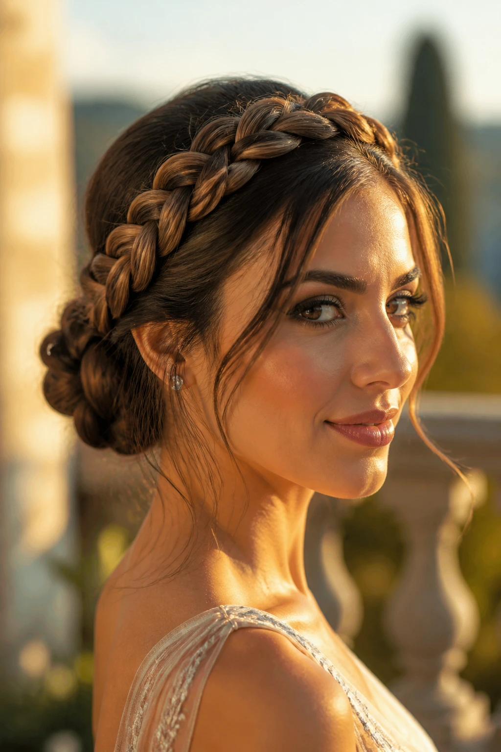 Close-up of a real woman wearing a rope-braid halo bun