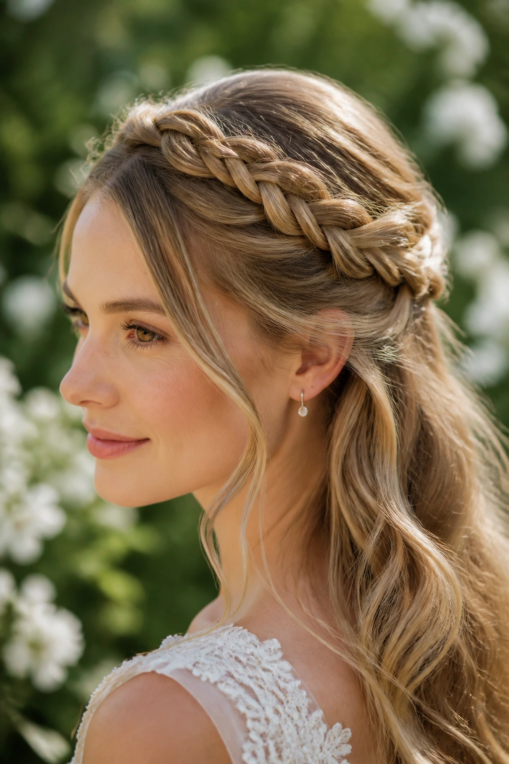 Close-up of a real woman with rope-braid halo half-up in garden setting