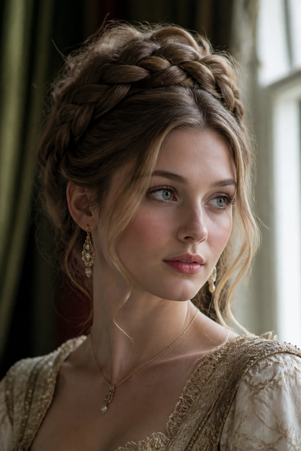 Close-up of a real woman with a rope-braid halo and hidden cushion elevating the crown.