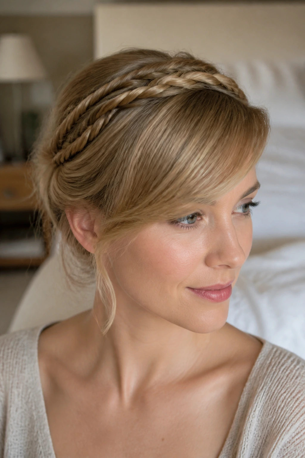 Close-up portrait of a real woman wearing a rope-braid halo with tucked ends and side-swept bangs