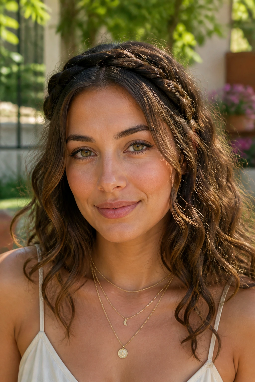 Close-up portrait of a real woman with a rope-braid halo and loose waves