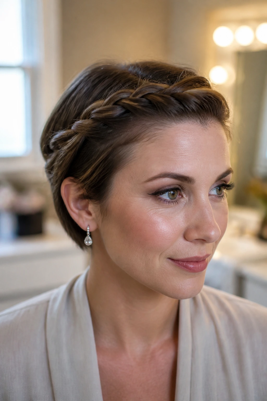 Close-up portrait of a real woman with a rope-braid headband framing her face