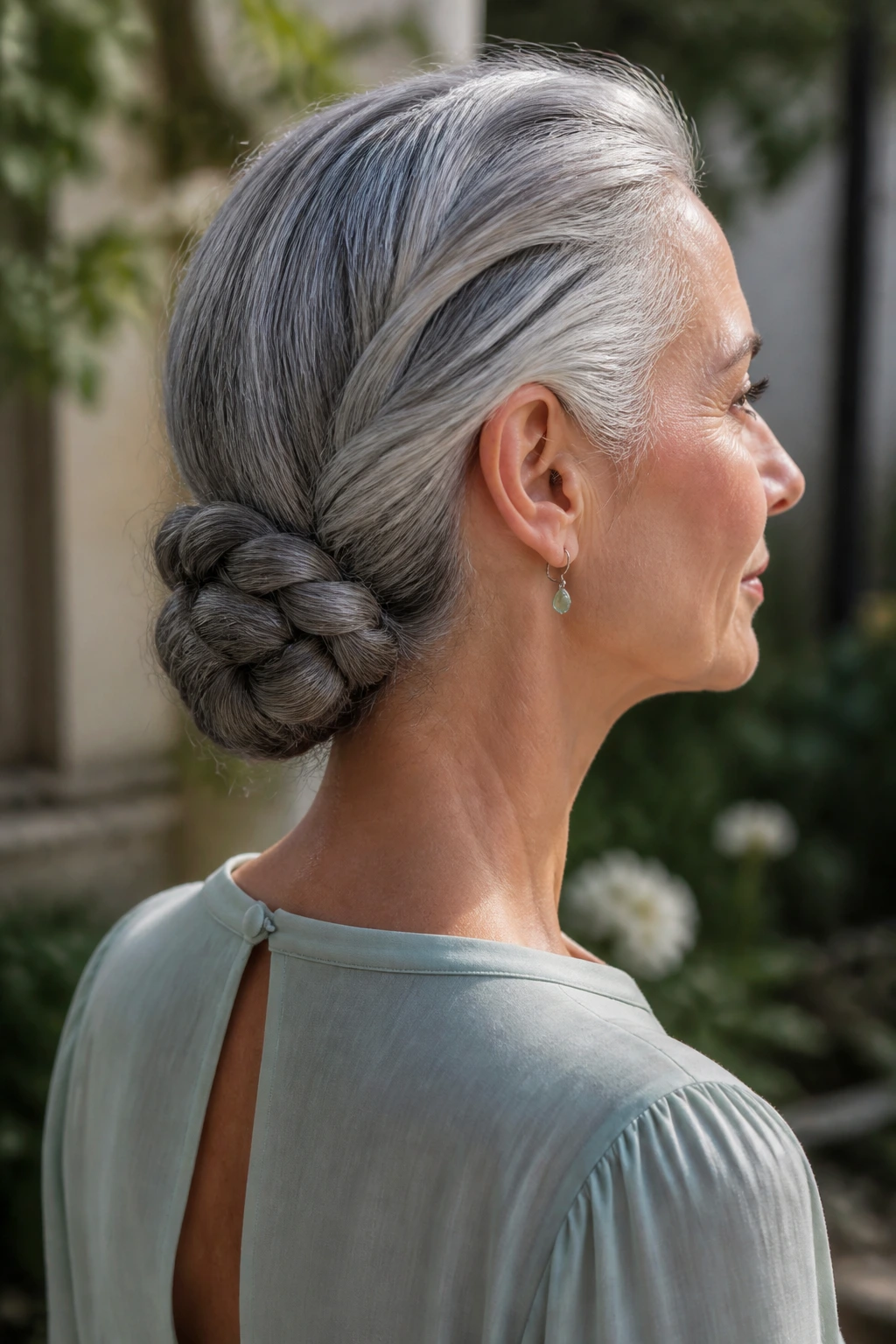 Portrait of a person with a rope-braid low bun at the nape against a soft outdoor background.
