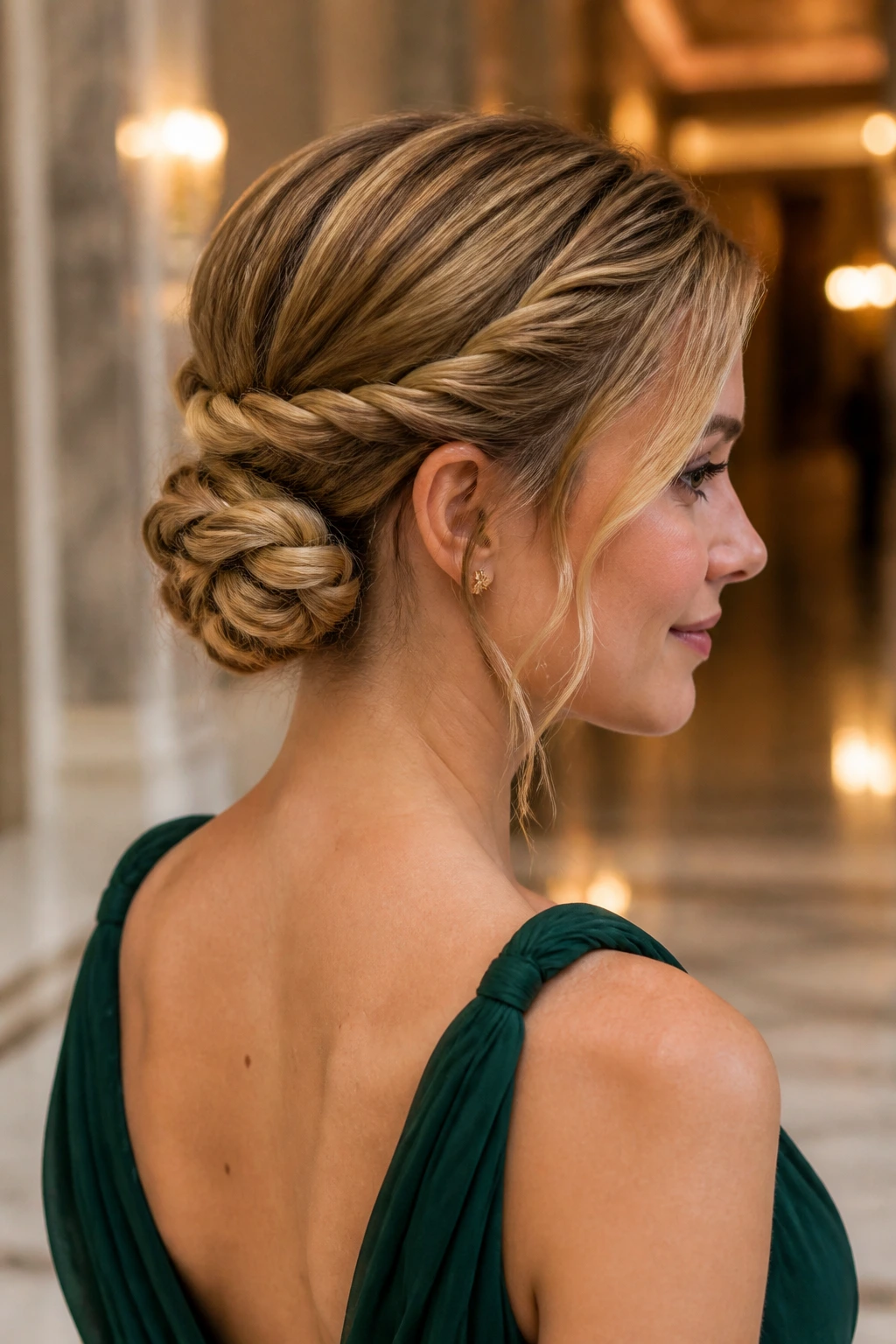 Close-up of a woman with rope-braid low bun at the nape