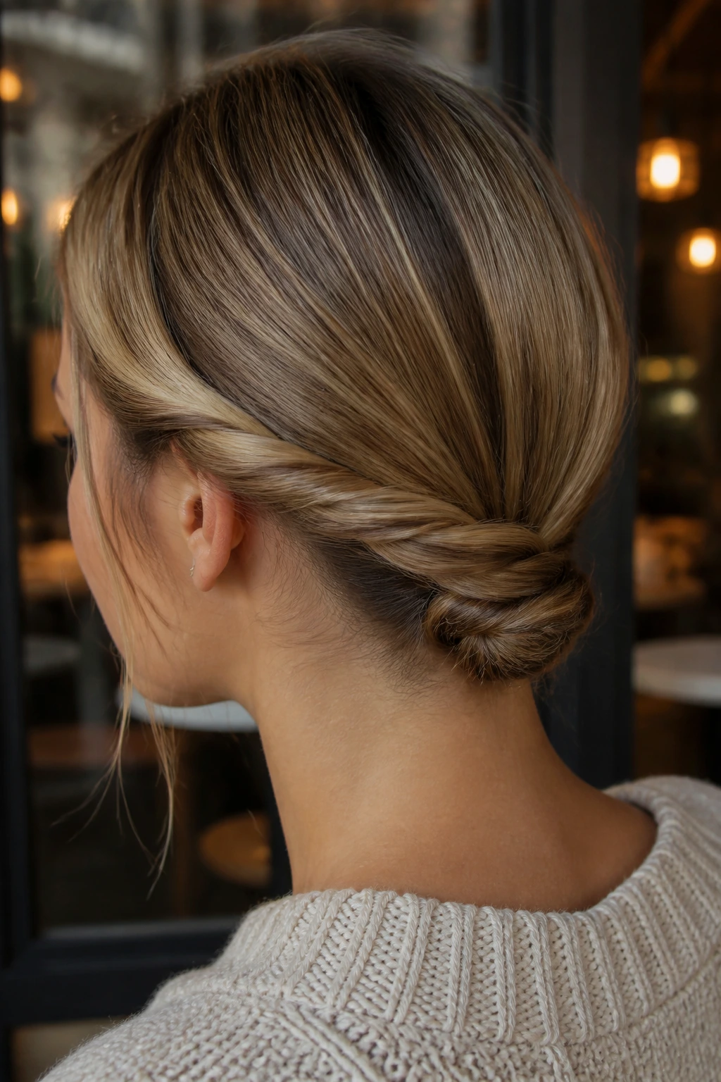 Close-up of a woman with a rope braid low hang at the nape.