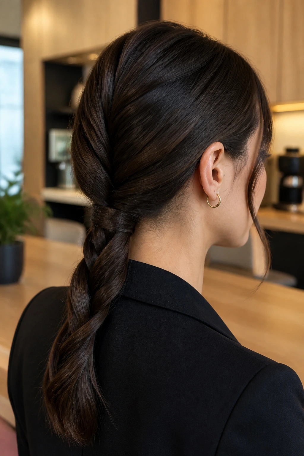 Portrait of a woman with a rope braid low ponytail in a modern office