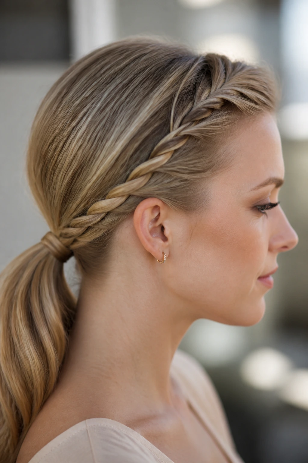 Close-up profile of a woman with a rope braid ending in a low pony