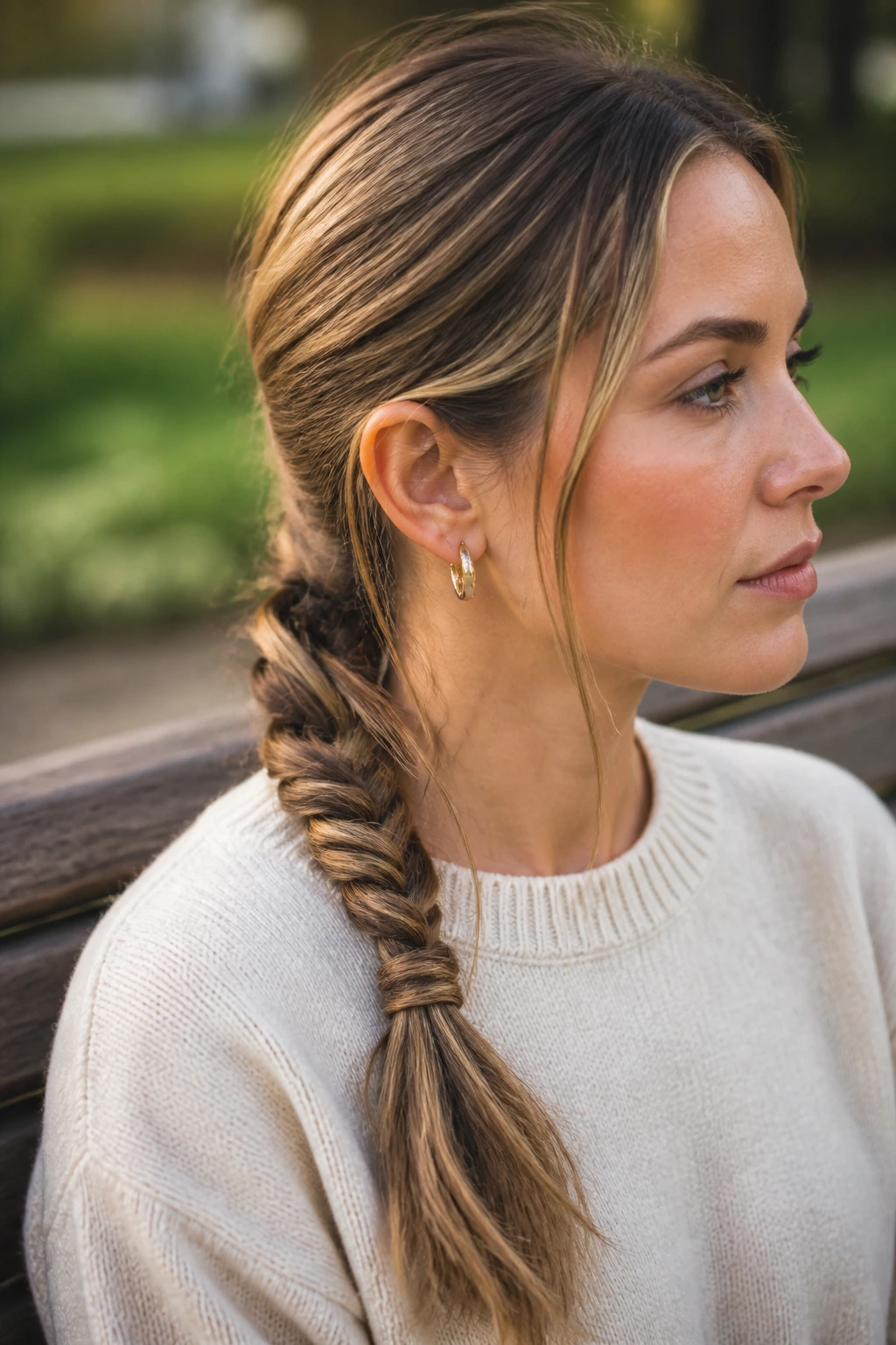 Close-up of a real woman with a rope braid low ponytail showing depth from lowlights