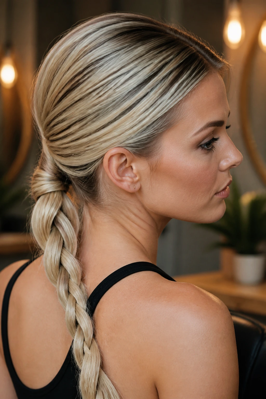 Close-up of a real woman with rope braid low ponytail and smoky root on blonde hair