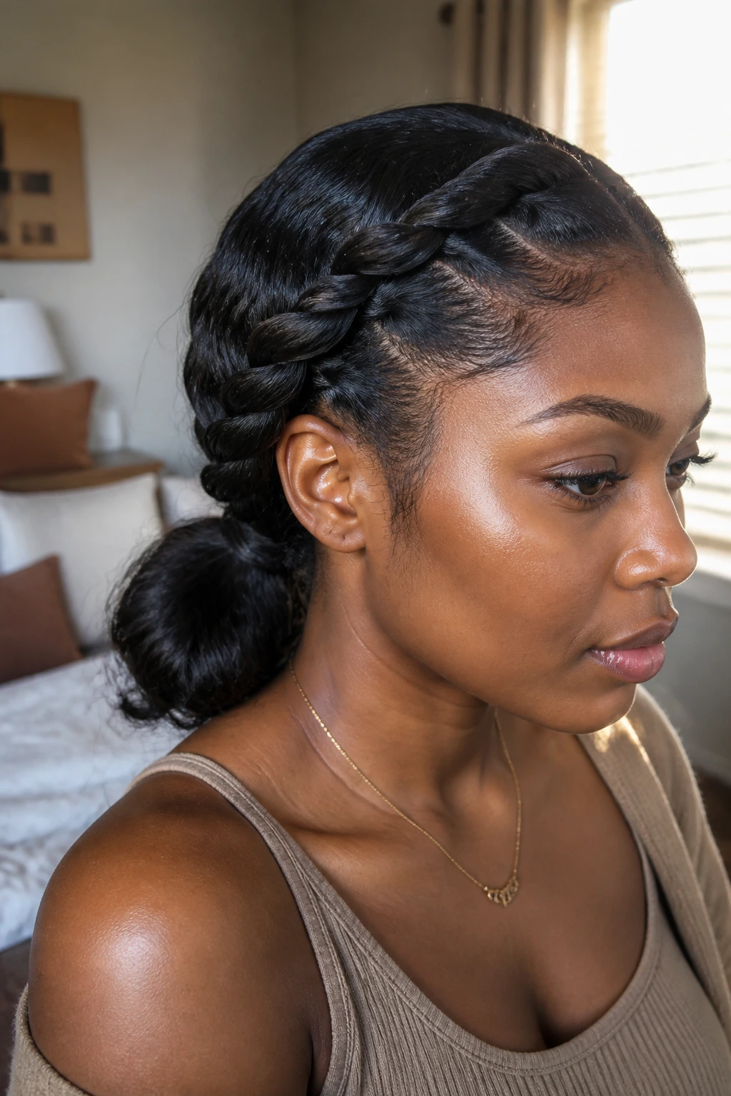 Close-up of a Black woman with a rope-braid low ponytail at the nape