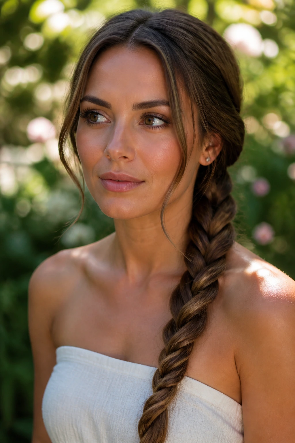 Close-up of a real woman showing a rope braid over one shoulder.
