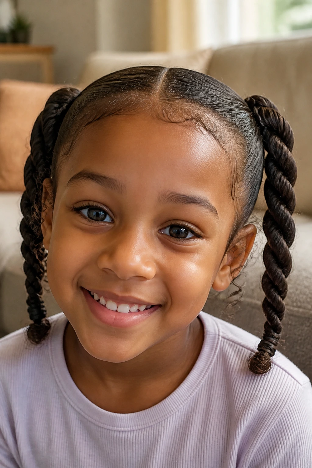 Close-up portrait of a child with rope braid pigtails on curly hair in a cozy home setting