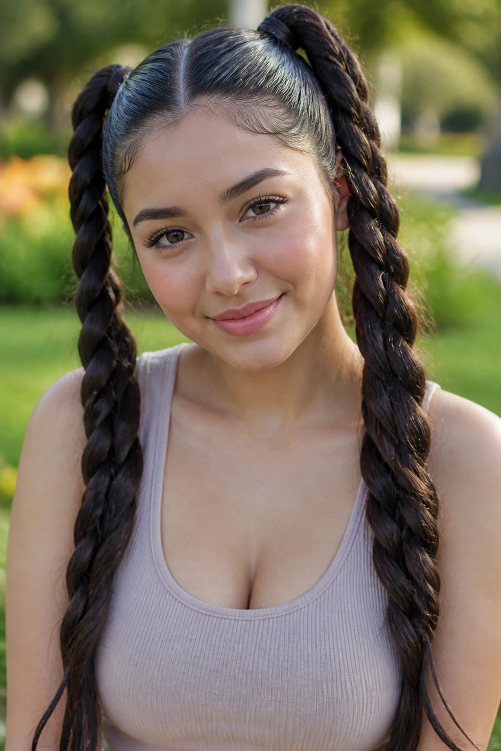 Close-up rope-braid pigtails with long ends on a real woman