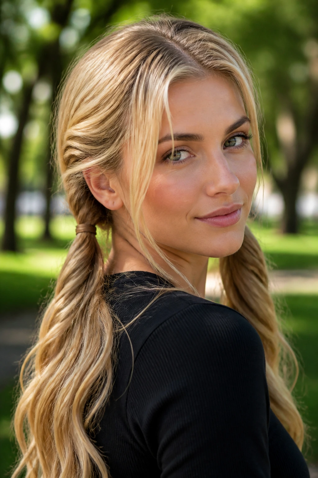 Close-up of a real blonde woman with rope-braid pigtails in a park setting