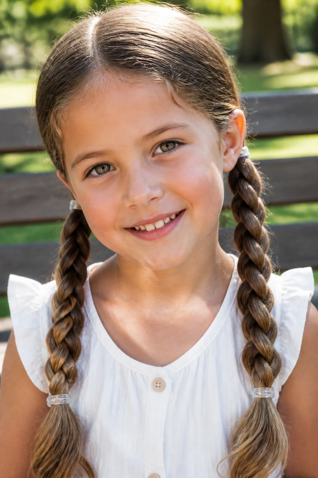 Close-up of a child with rope-braid pigtails in low ponytails