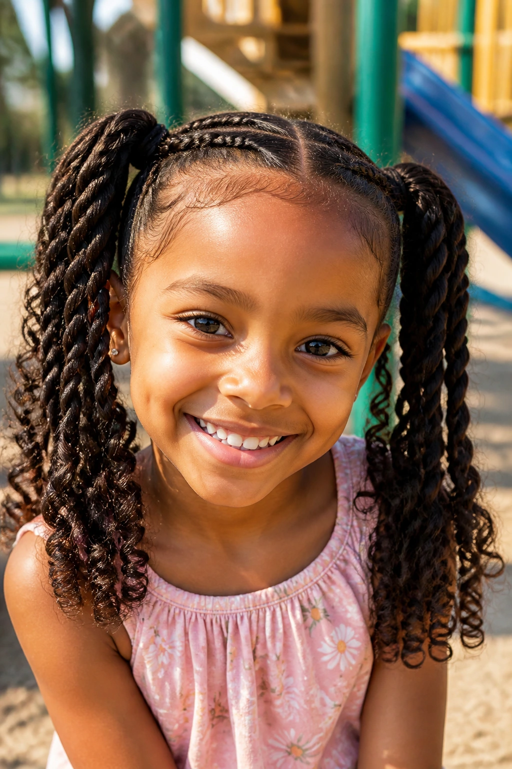 Close-up of rope-braid pigtails with curly ends on a real girl.