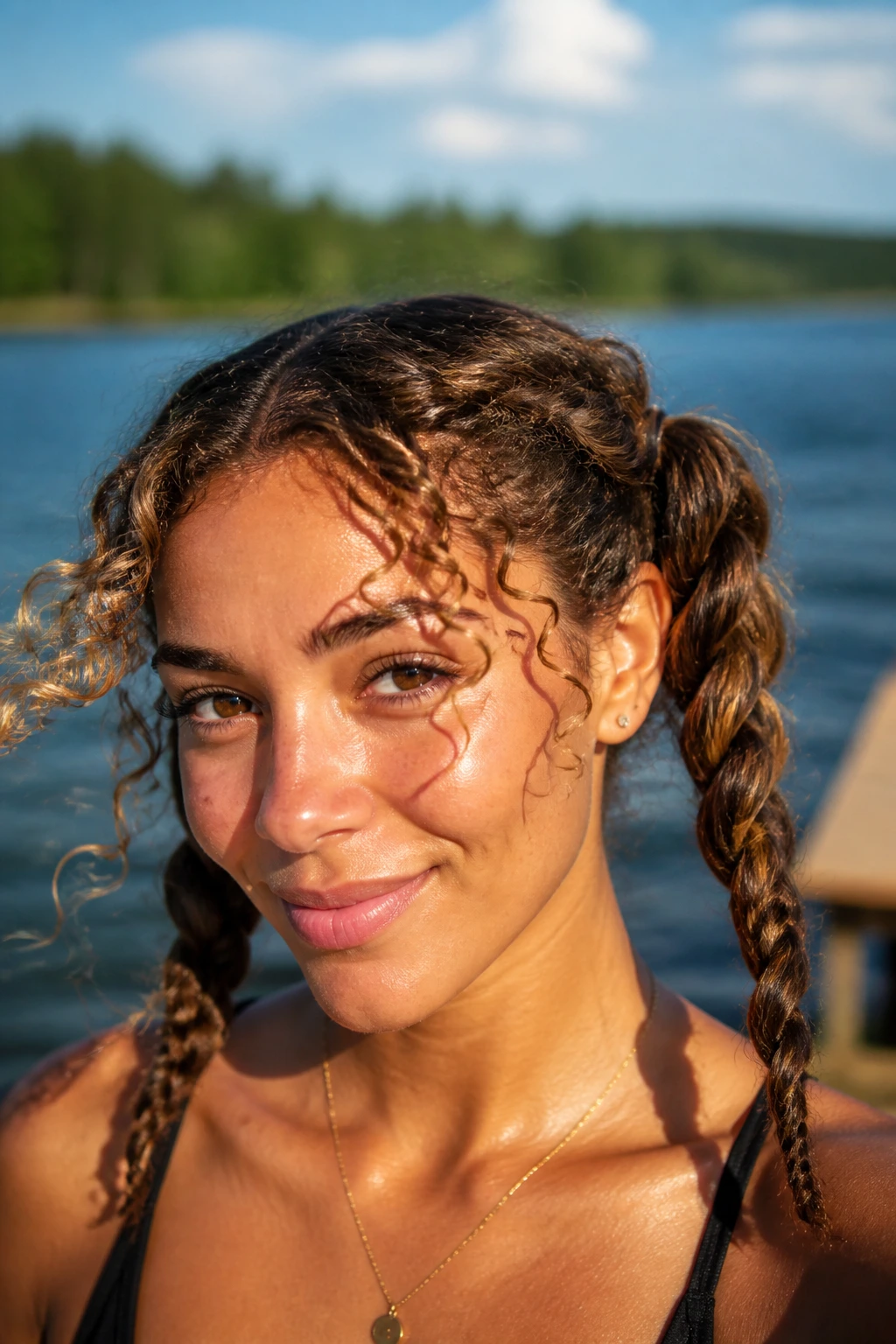 Real woman with rope braids in pigtails at the lakeside, wind-swept curls