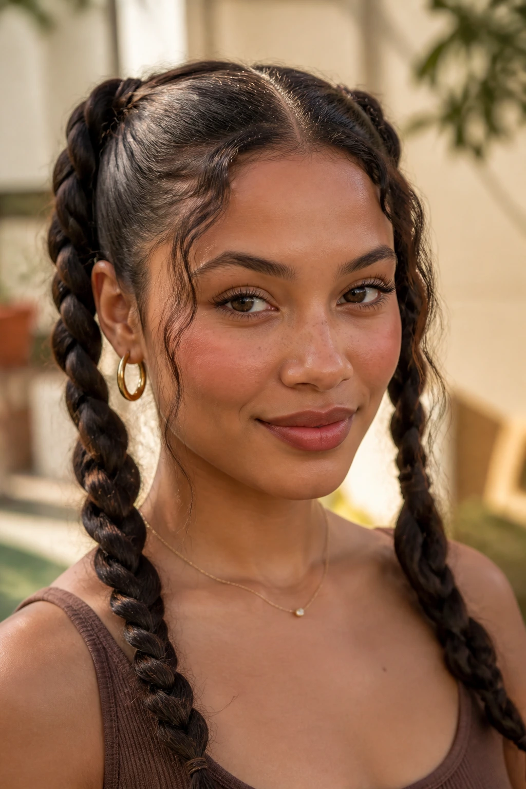 Rope braid pigtails on a real woman in sunny outdoor setting