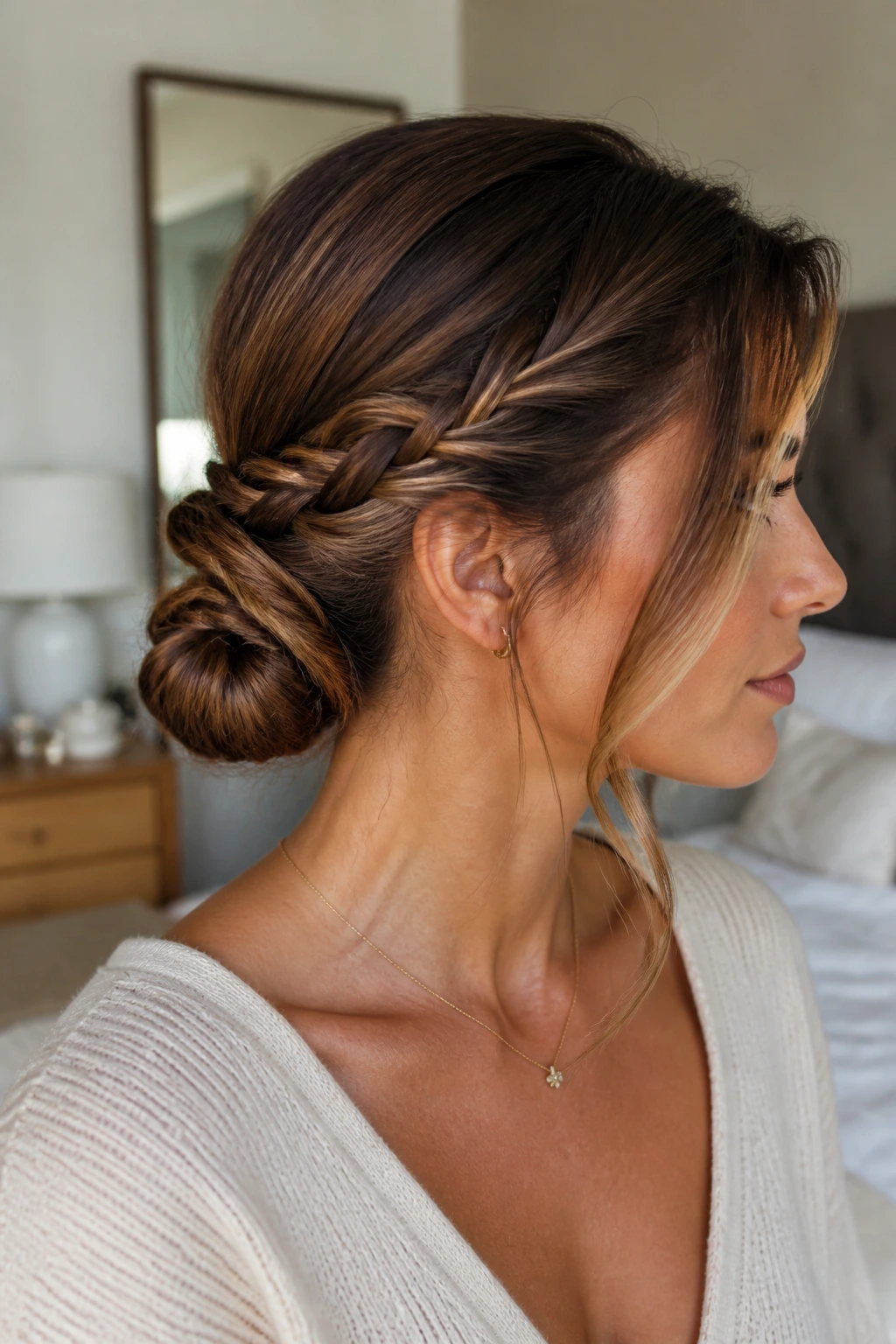 Close-up of a woman with a rope braid ponytail folded into a low bun.