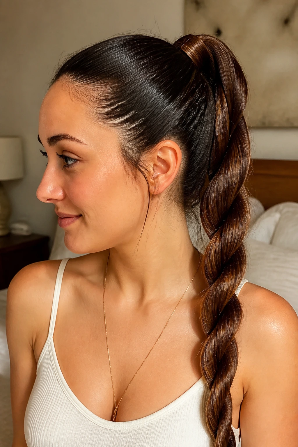 Close-up of a real woman with a rope braid ponytail showing thick, twisted strands in warm bedroom light