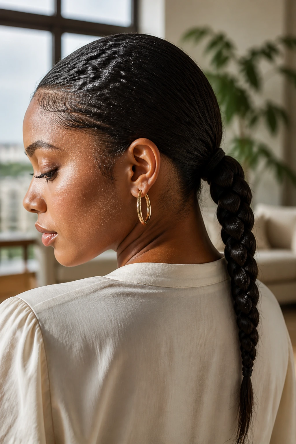 Real woman with rope braid into a low ponytail at the nape.
