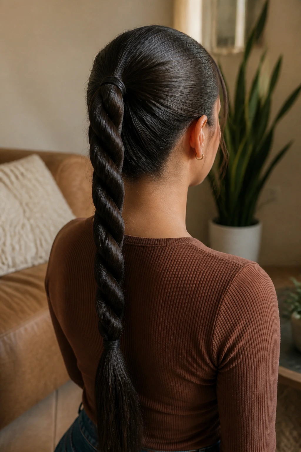 Back view of a real woman with a rope braid ponytail down the back