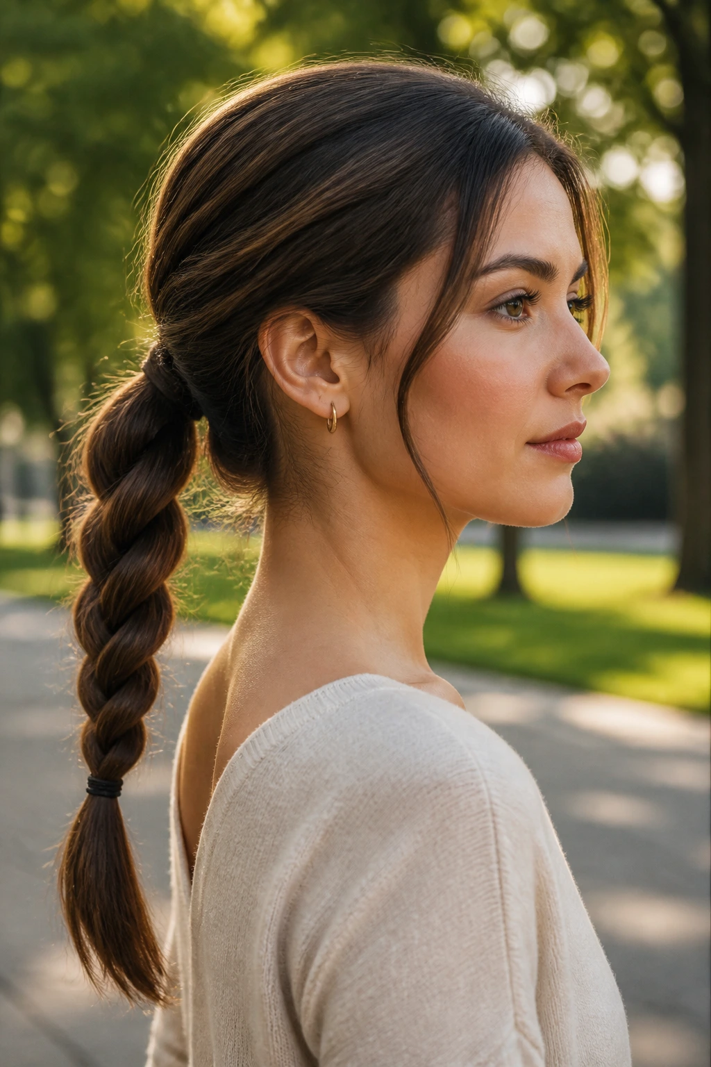 Close-up of a real woman wearing a rope braid ponytail with a soft bend