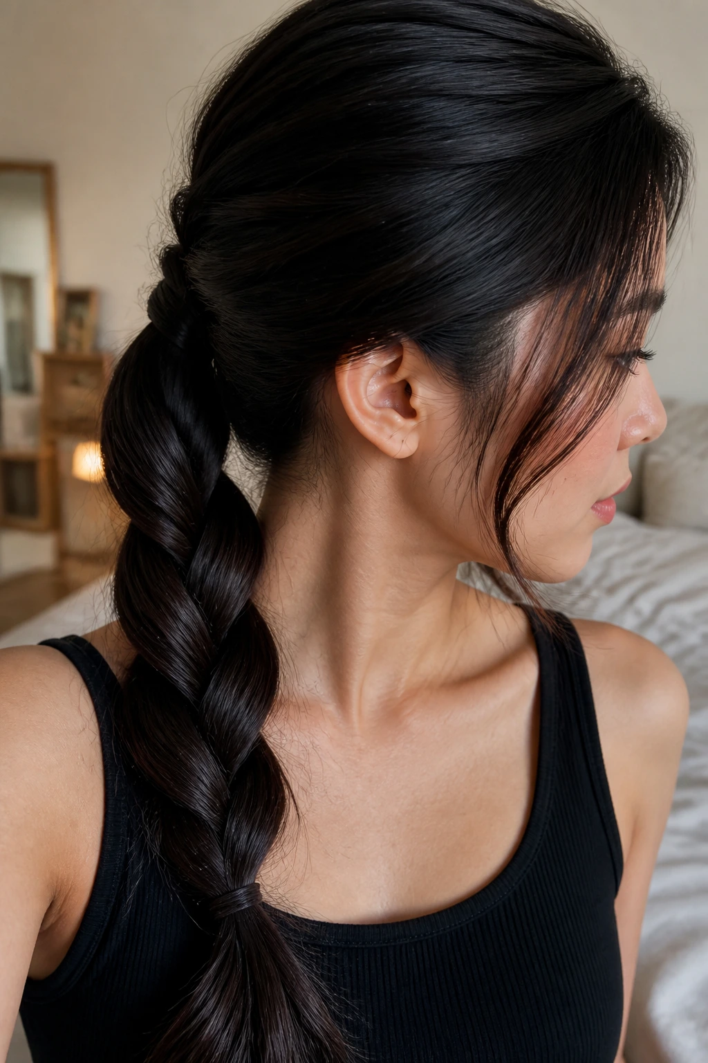 Close-up of a real woman's rope-braid ponytail with twisted sections