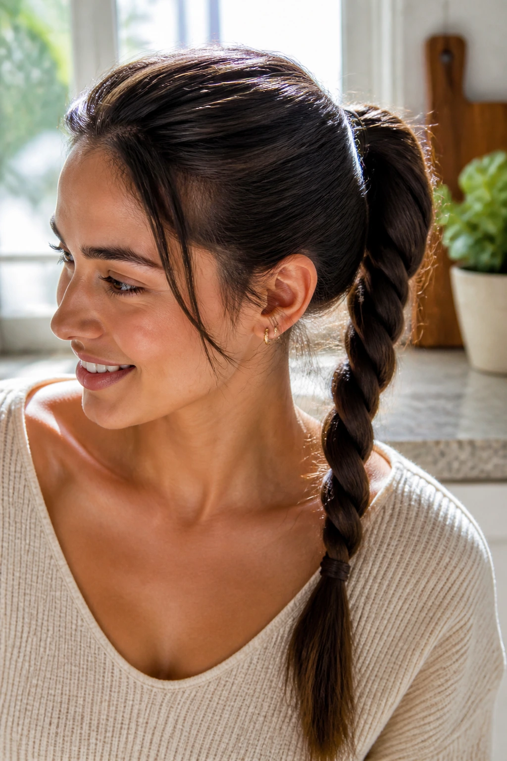 Close-up of a real woman with rope braid ponytail in sunlit kitchen