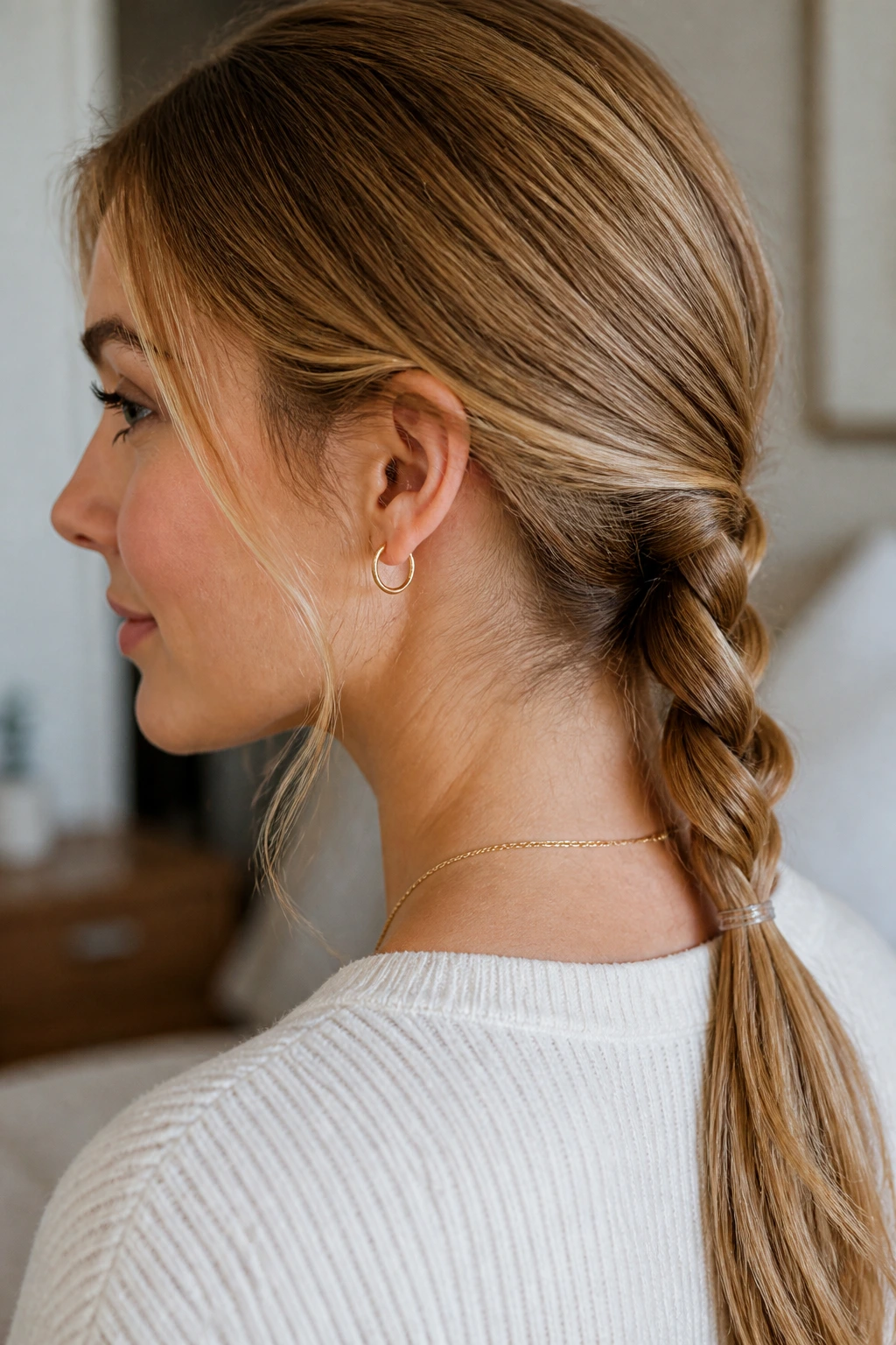 Close-up of a real woman with rope-braid ponytail hairstyle