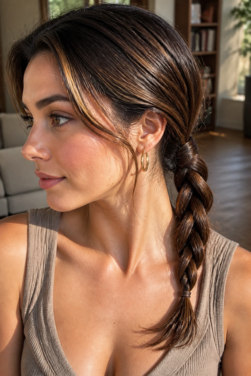 Close-up of a woman with a rope-braid ponytail