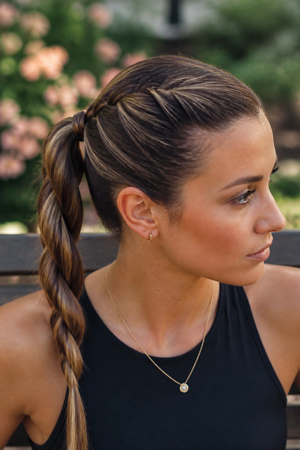 Close-up of a real woman with a rope-braid ponytail showing spiral twists and lowlights