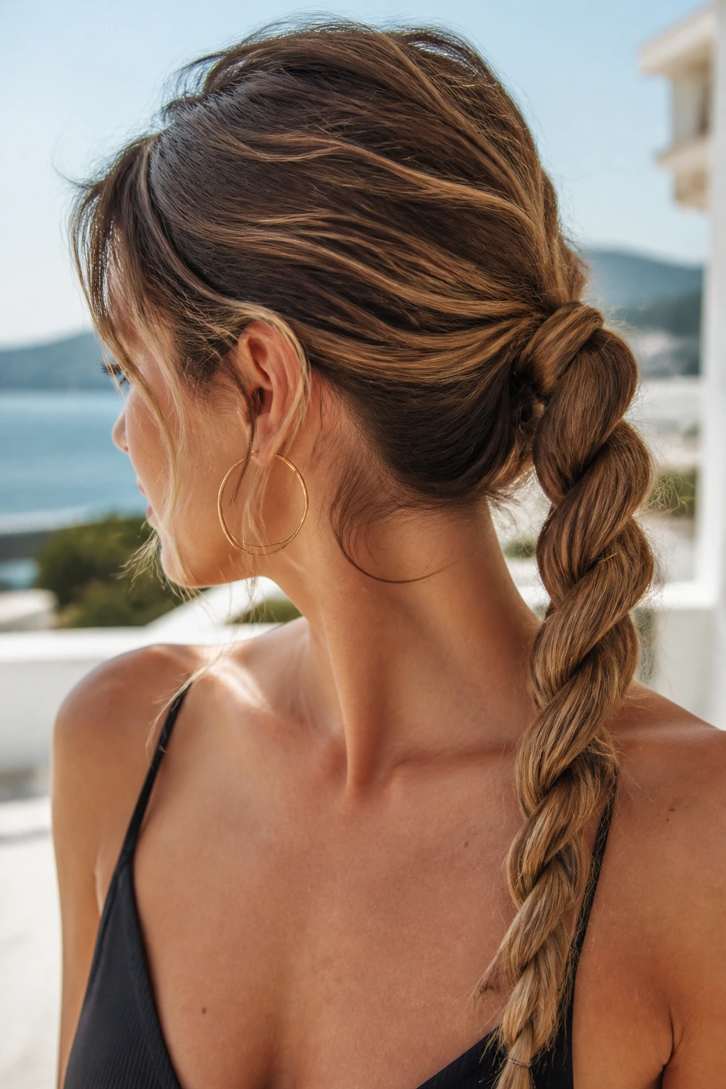 Real woman with a rope braid ponytail on a sunny outdoor terrace.