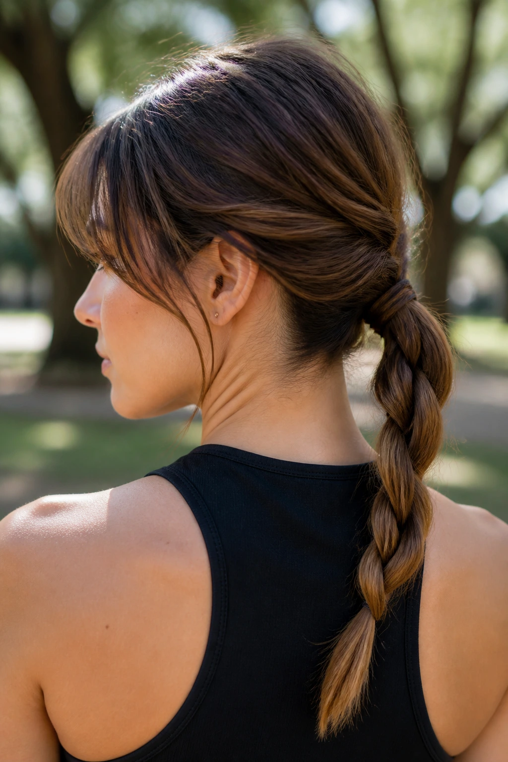 Medium close-up of a woman with a rope-braid ponytail outdoors