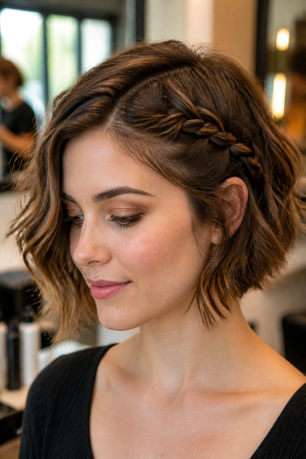 Close-up portrait of a real person with a side-swept rope braid accent framing the face.