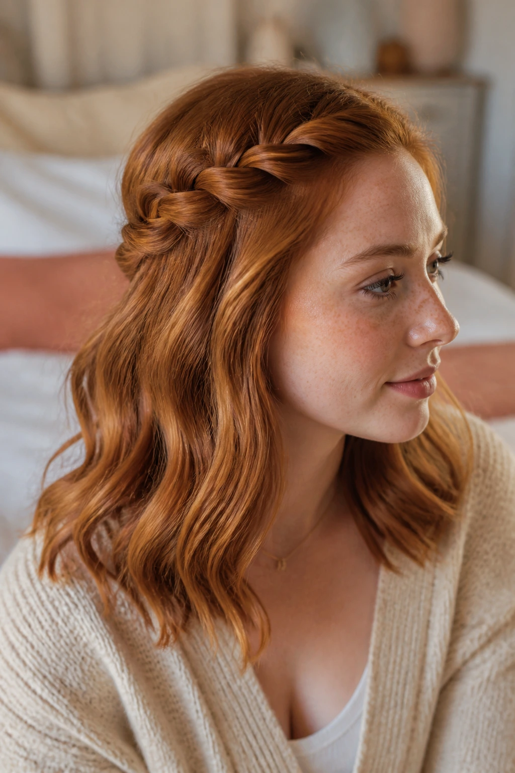 Close-up of rope-braid accent on medium red hair worn by a real woman