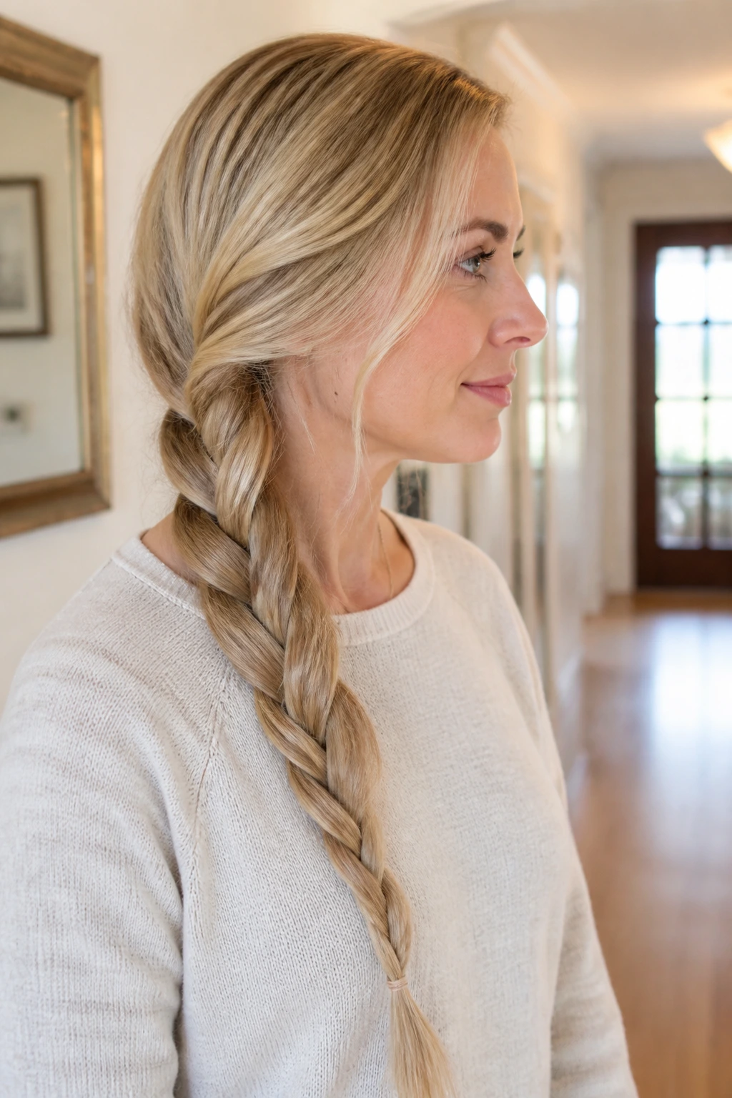 Side-profile of a real woman with a rope braid over one shoulder in bright interior light