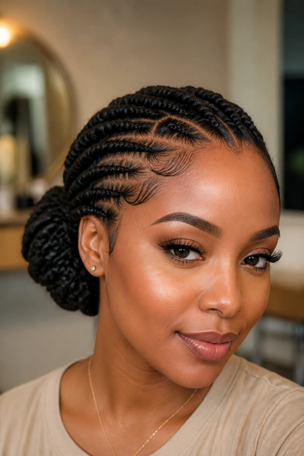 Close-up of rope braid forming a side bun on a real person with smooth hairline