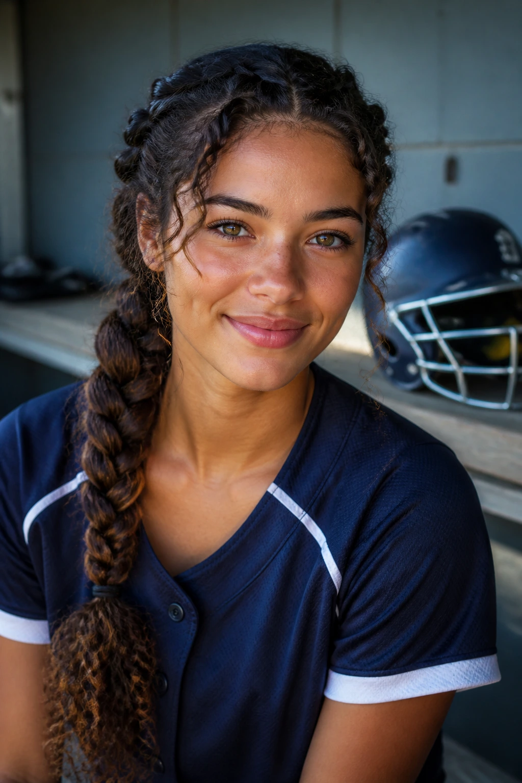 Close-up of rope braid side tail on curly-haired softball player