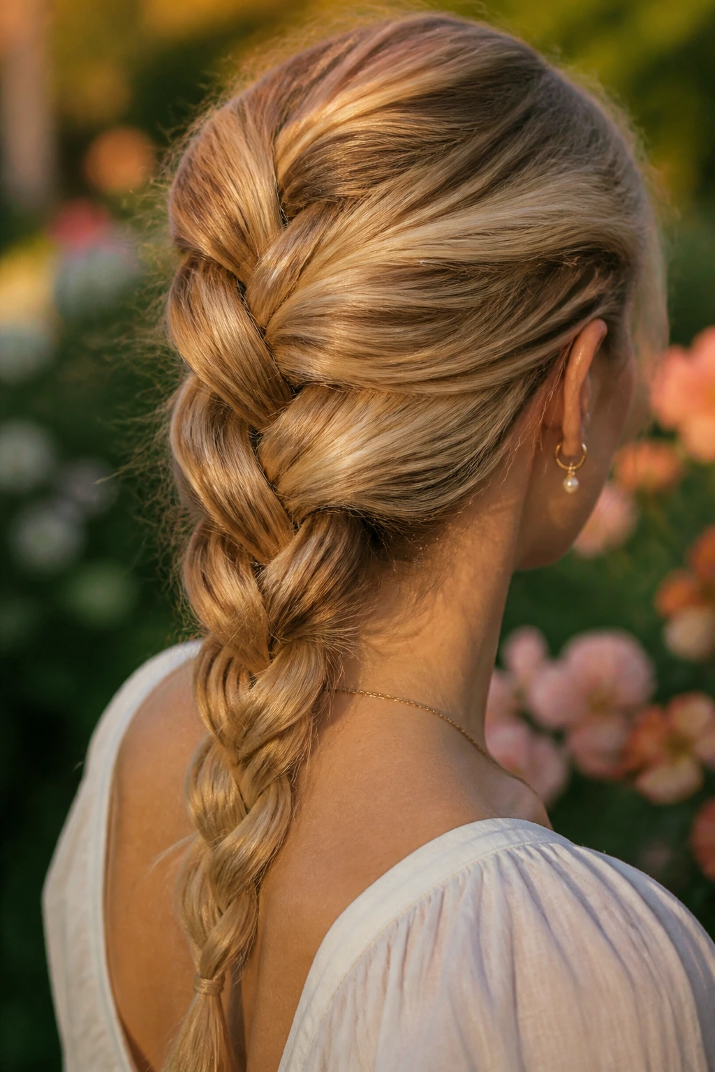 Close-up of a real woman's head with a loose rope braid in garden light.