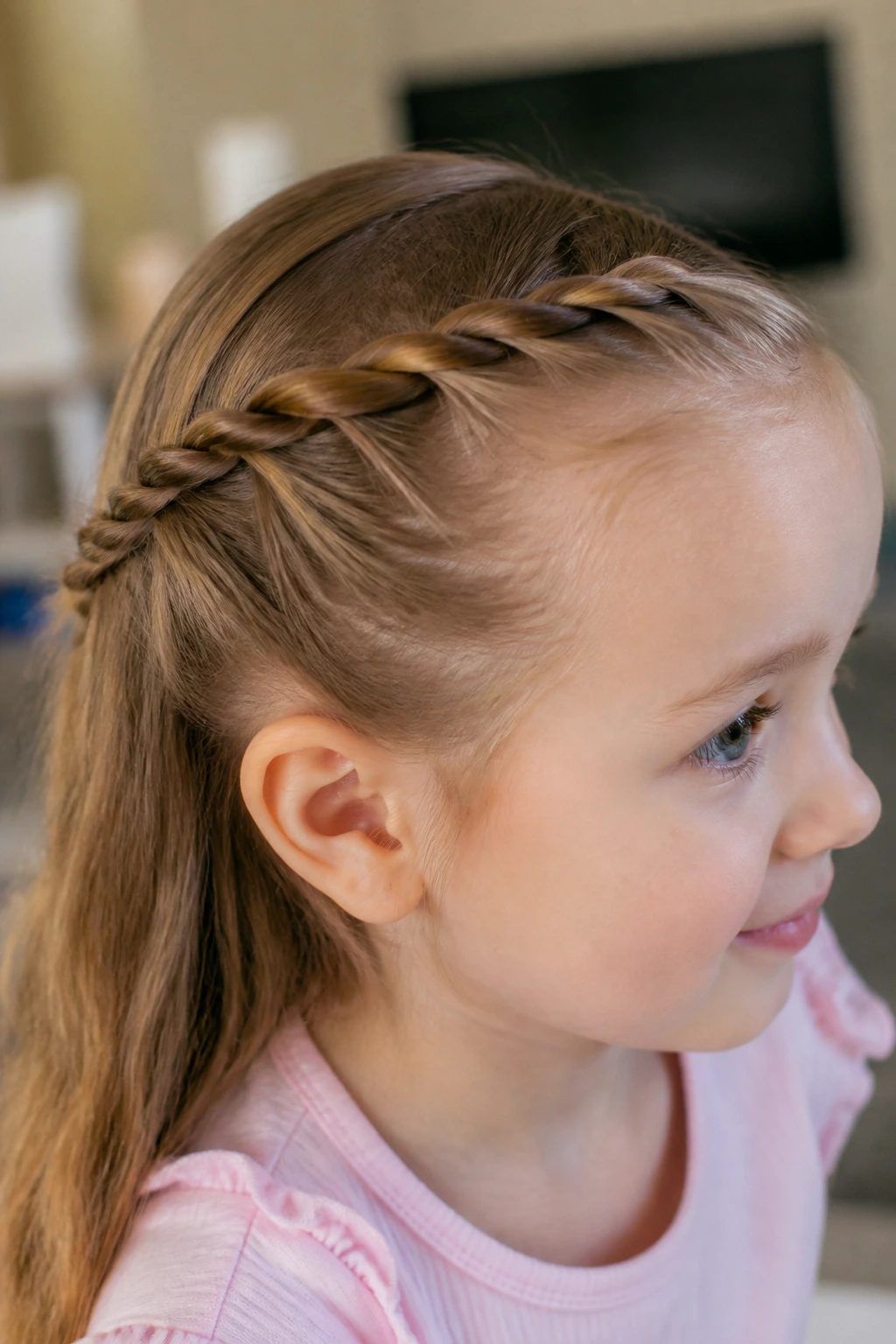 Close-up of a real child showing a two-strand rope braid.