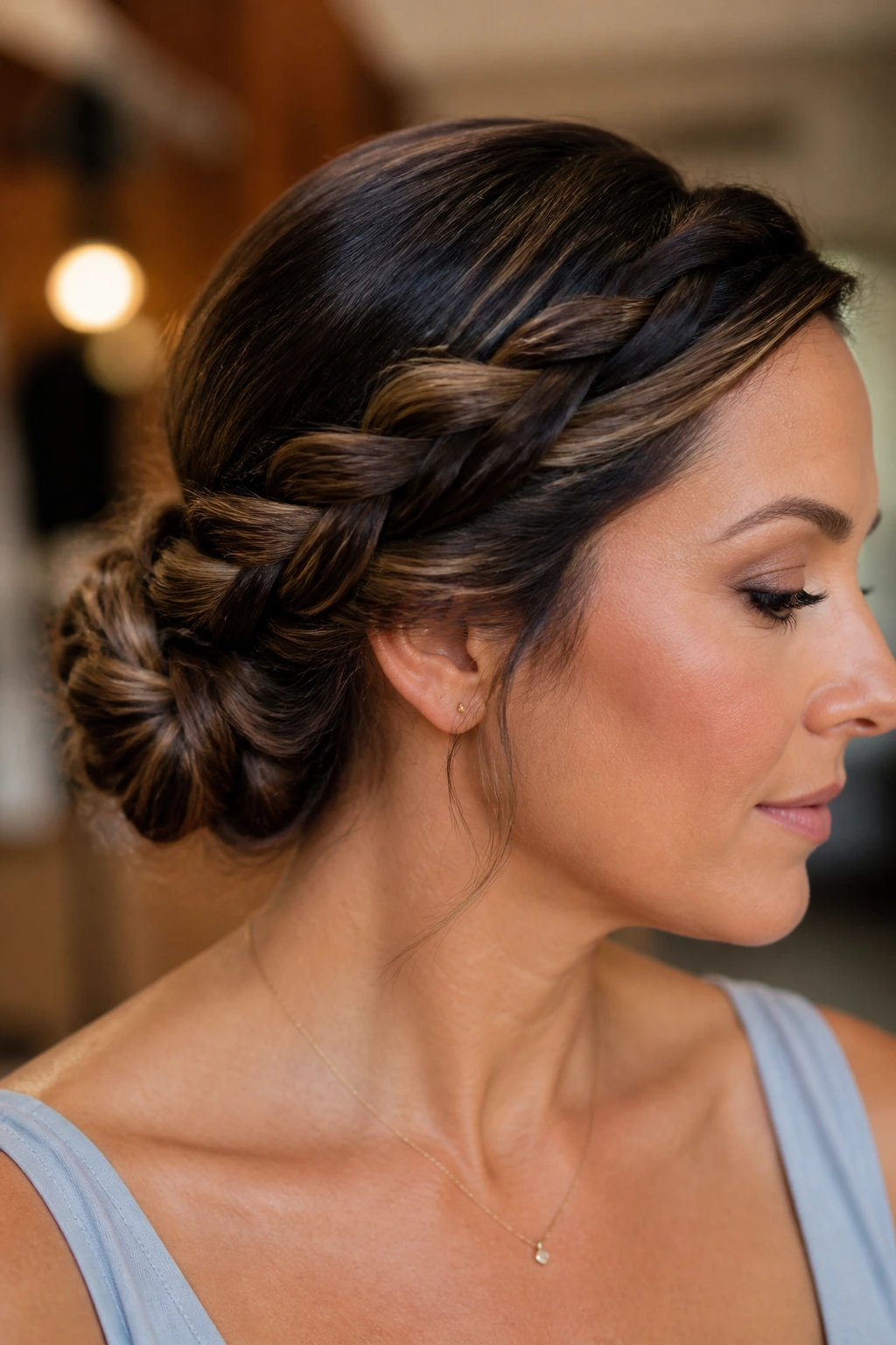 Close-up of real woman with rope-braid wrap bun