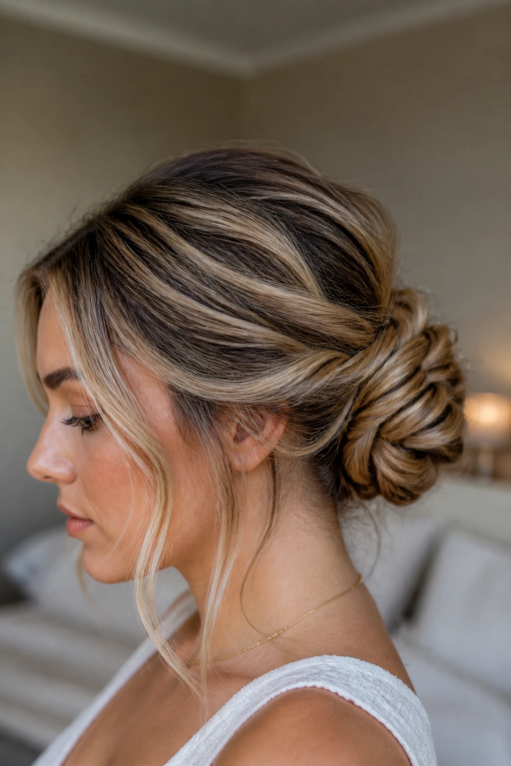 Close-up of a real woman with a rope-braid wrapped bun and face-framing money pieces in a softly lit bedroom.