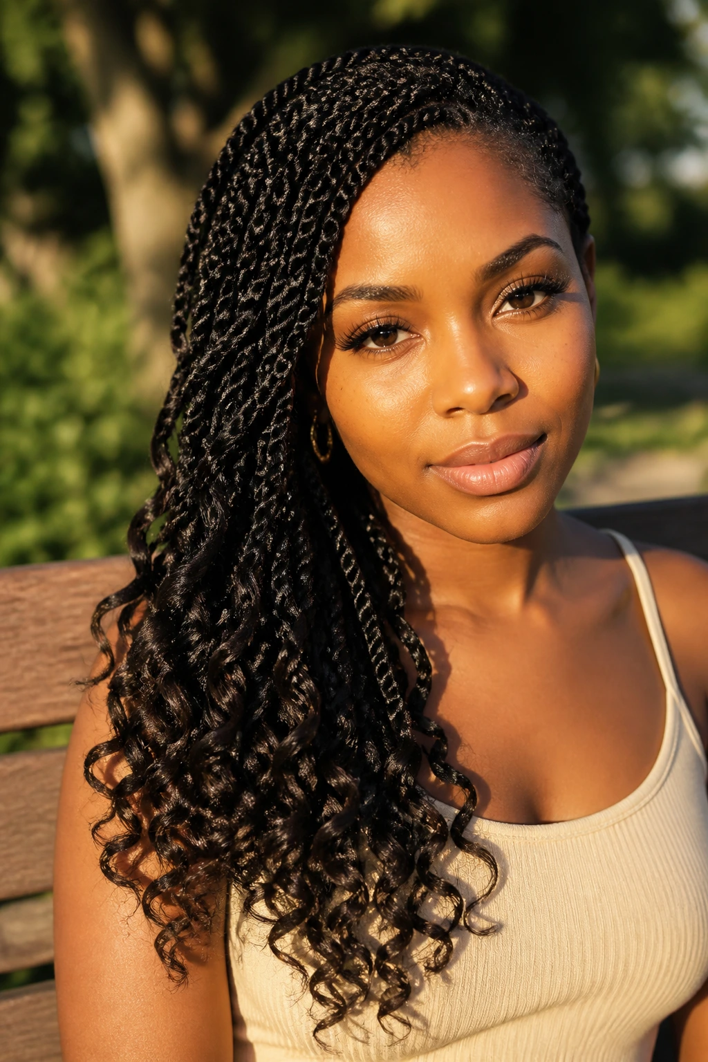 Close-up of a real woman with rope braids and soft spiral ends.