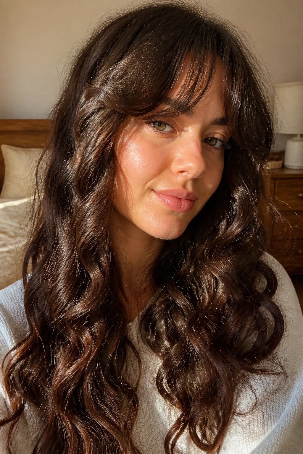 Close-up of a real woman with rope-curl waves and a soft fringe in a warm bedroom