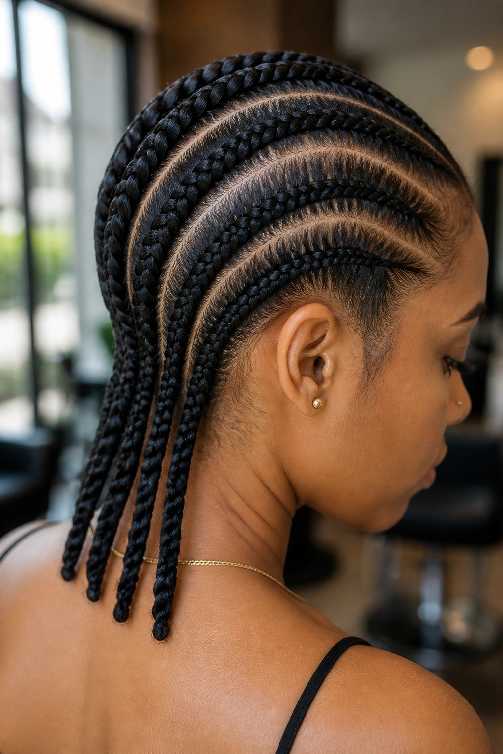 Close-up portrait of a real woman with rope-ended straight back cornrows and rope-twisted ends at the nape