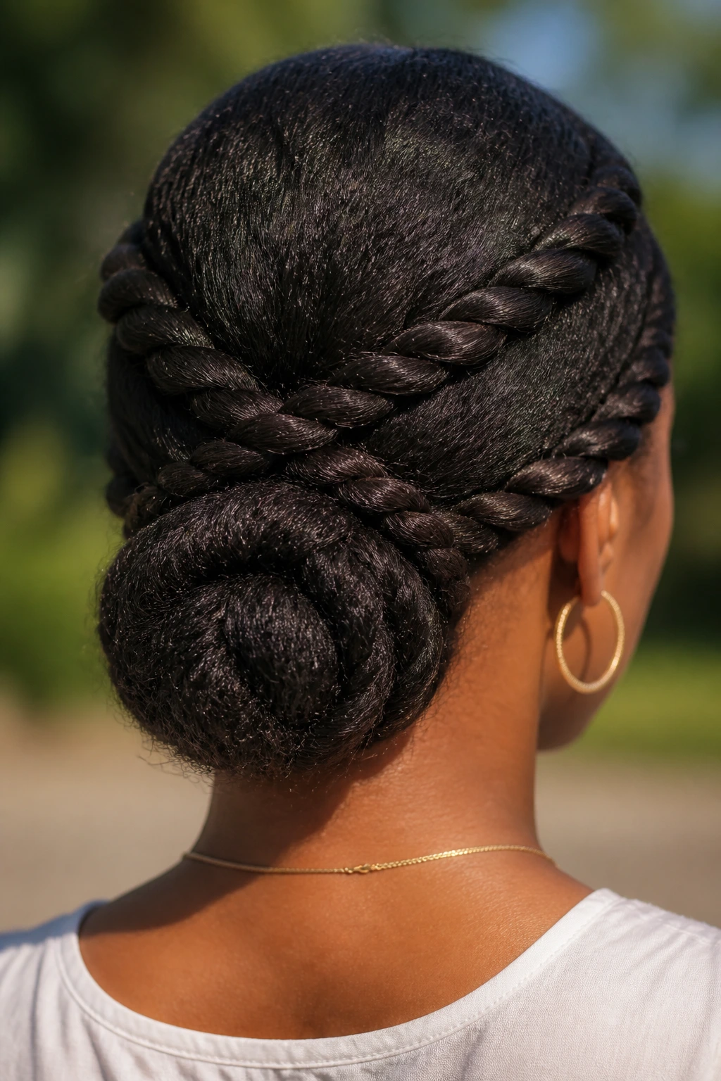 Back view close-up of rope-span low bun with crossing twists