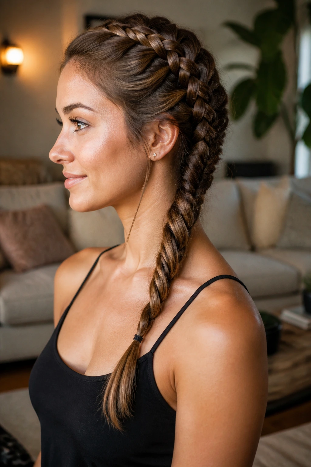 Close-up of a French braid down the head with a rope-twisted tail on a real person