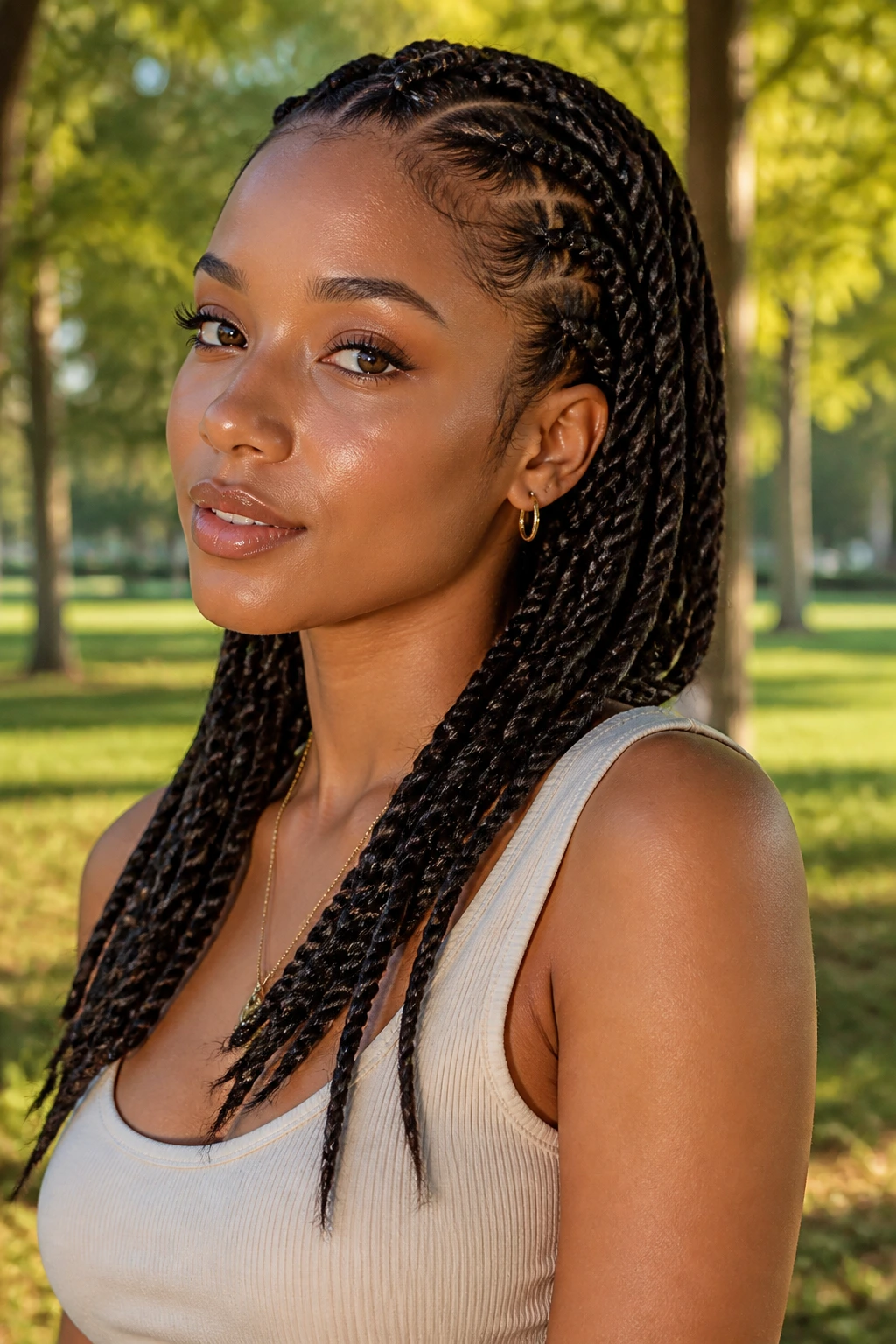 Close-up of a real woman with braid ends in rope twists showing movement